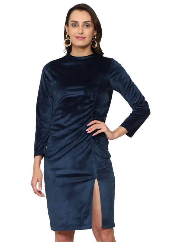 Blue_Cotton_Gathered_Detail_Sheath_Dress_For_Women