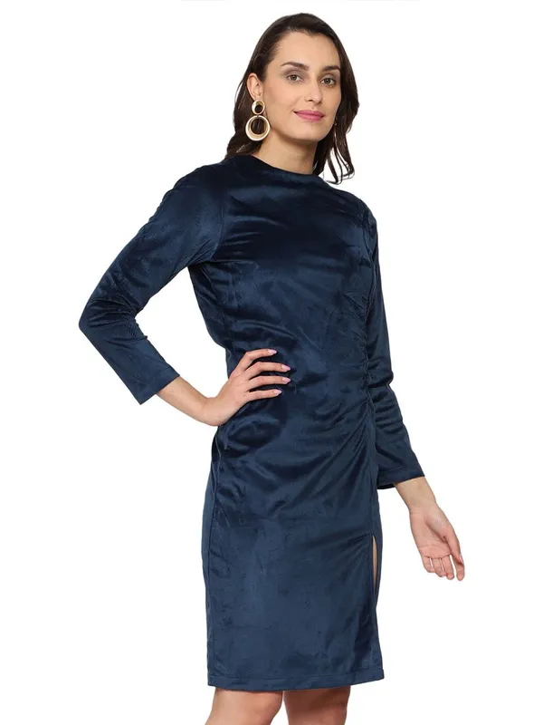 Blue_Cotton_Gathered_Detail_Sheath_Dress_For_Women