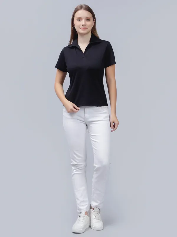 Black_Cotton_Polo_Collar_Cotton_Slim_Fit_T-Shirt_For_Women