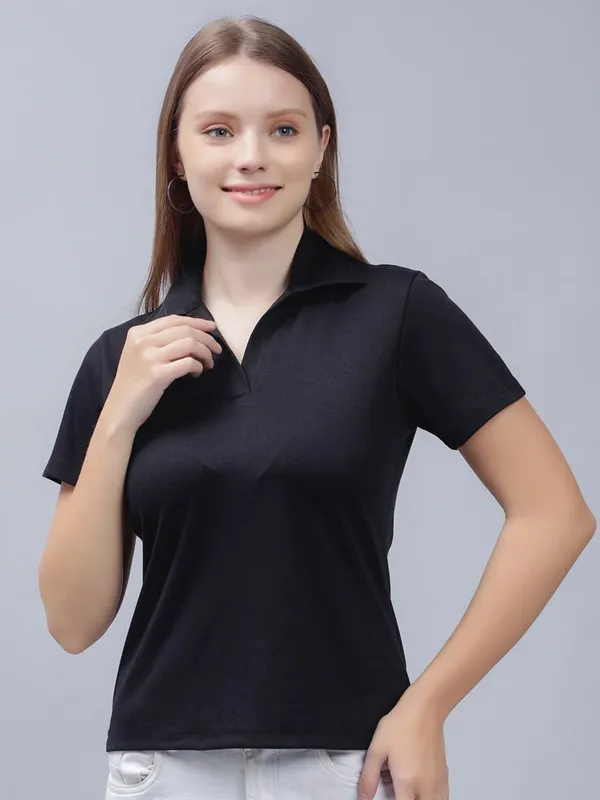 Black_Cotton_Polo_Collar_Cotton_Slim_Fit_T-Shirt_For_Women