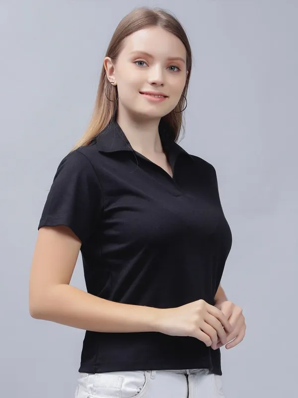 Black_Cotton_Polo_Collar_Cotton_Slim_Fit_T-Shirt_For_Women
