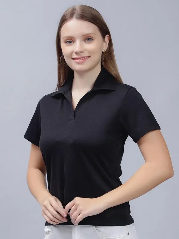 Black_Cotton_Polo_Collar_Cotton_Slim_Fit_T-Shirt_For_Women