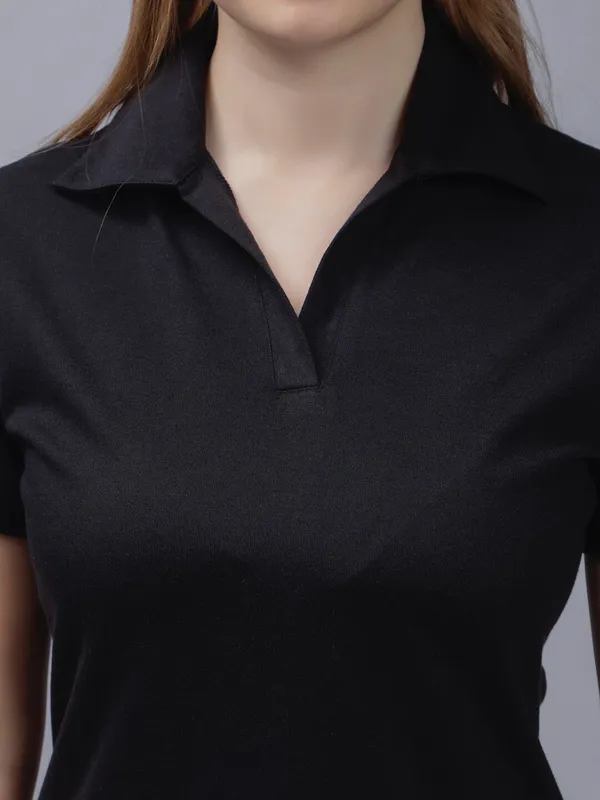 Black_Cotton_Polo_Collar_Cotton_Slim_Fit_T-Shirt_For_Women