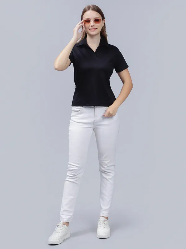 Black_Cotton_Polo_Collar_Cotton_Slim_Fit_T-Shirt_For_Women