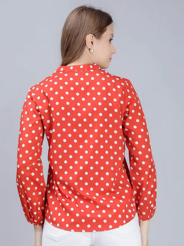 Orange_Cotton_Comfort_Slim_Fit_Polka_Dots_Printed_Mandarin_Collar_Casual_Shirt_For_Women