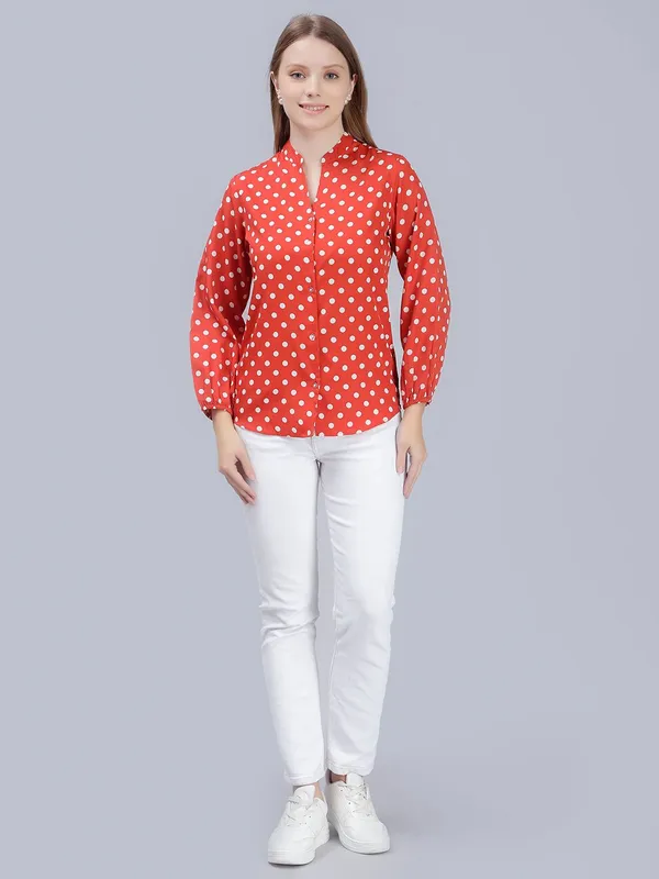 Orange_Cotton_Comfort_Slim_Fit_Polka_Dots_Printed_Mandarin_Collar_Casual_Shirt_For_Women