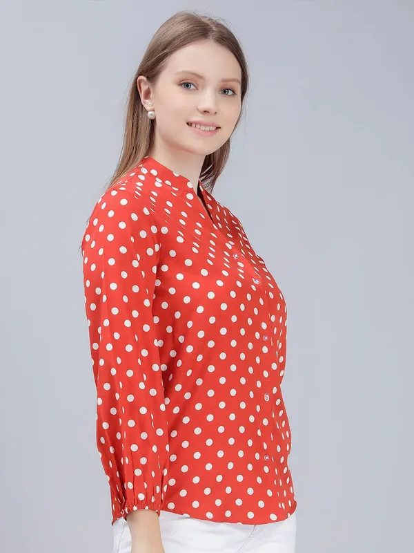 Orange_Cotton_Comfort_Slim_Fit_Polka_Dots_Printed_Mandarin_Collar_Casual_Shirt_For_Women