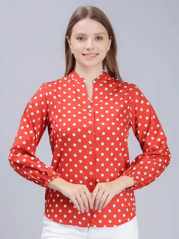 Orange_Cotton_Comfort_Slim_Fit_Polka_Dots_Printed_Mandarin_Collar_Casual_Shirt_For_Women