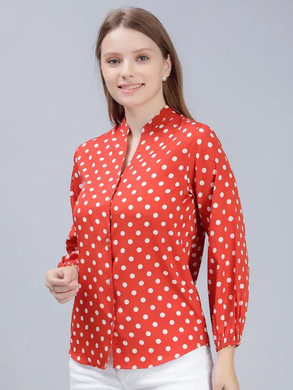 Orange_Cotton_Comfort_Slim_Fit_Polka_Dots_Printed_Mandarin_Collar_Casual_Shirt_For_Women
