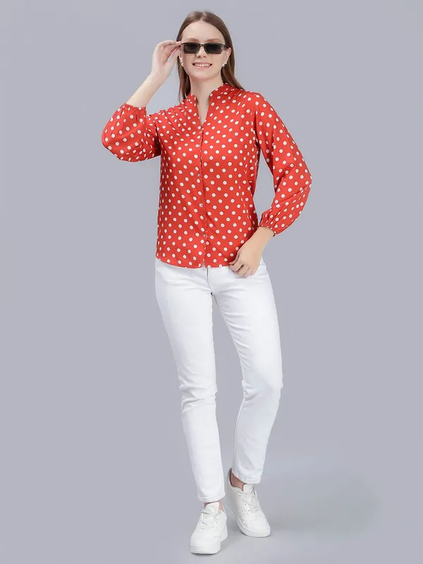 Orange_Cotton_Comfort_Slim_Fit_Polka_Dots_Printed_Mandarin_Collar_Casual_Shirt_For_Women
