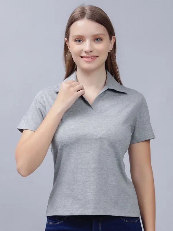 Grey_Cotton_Polo_Collar_Cotton_Slim_Fit_T-Shirt_For_Women