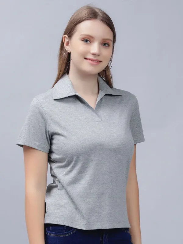 Grey_Cotton_Polo_Collar_Cotton_Slim_Fit_T-Shirt_For_Women