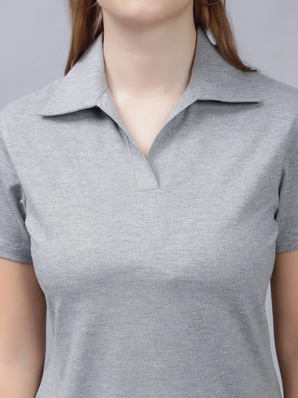 Grey_Cotton_Polo_Collar_Cotton_Slim_Fit_T-Shirt_For_Women