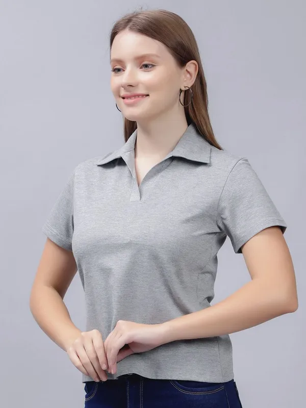 Grey_Cotton_Polo_Collar_Cotton_Slim_Fit_T-Shirt_For_Women