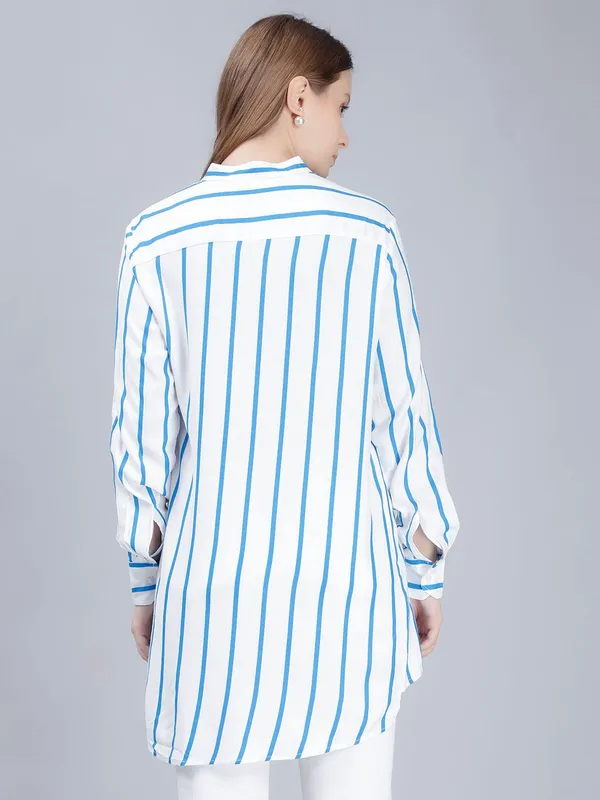 Blue_Cotton_Comfort_Vertical_Striped_Longline_Shirt_For_Women