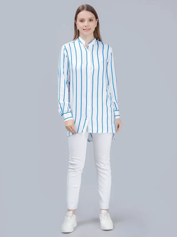 Blue_Cotton_Comfort_Vertical_Striped_Longline_Shirt_For_Women