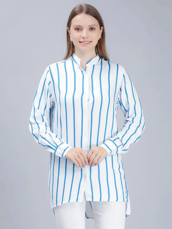 Blue_Cotton_Comfort_Vertical_Striped_Longline_Shirt_For_Women