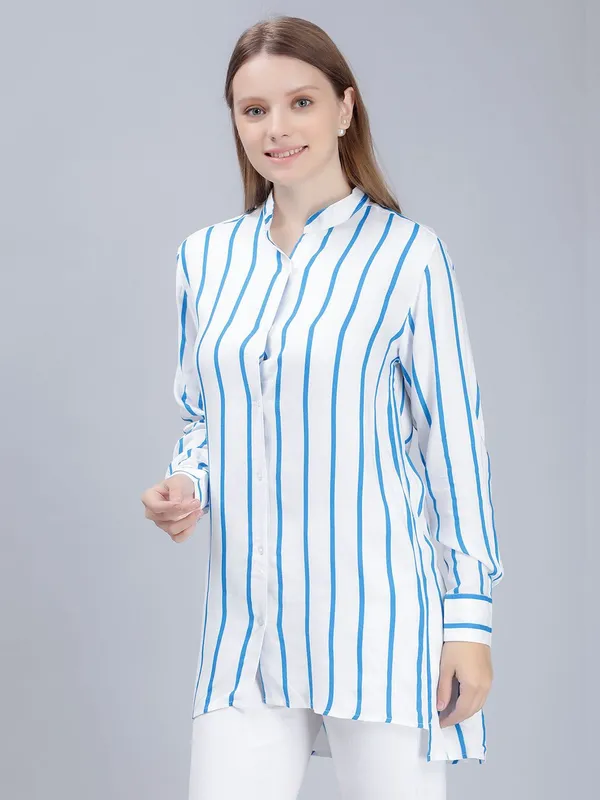 Blue_Cotton_Comfort_Vertical_Striped_Longline_Shirt_For_Women