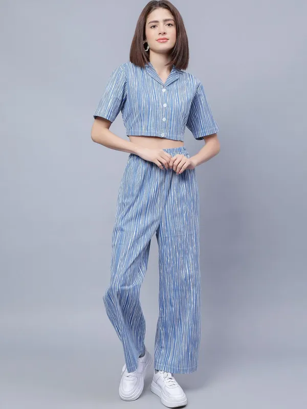 Blue_Cotton_Printed_Lapel_Collar_Pure_Cotton_Crop_Top_With_Trouser_For_Women