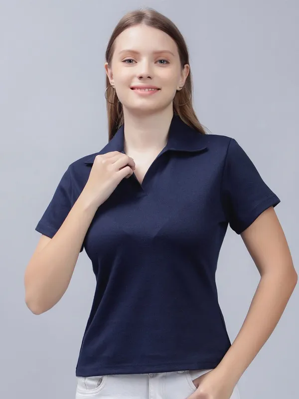Blue_Cotton_Polo_Collar_Cotton_Slim_Fit_T-Shirt_For_Women