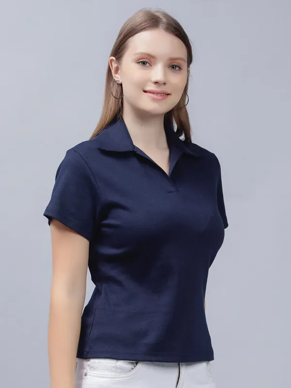 Blue_Cotton_Polo_Collar_Cotton_Slim_Fit_T-Shirt_For_Women