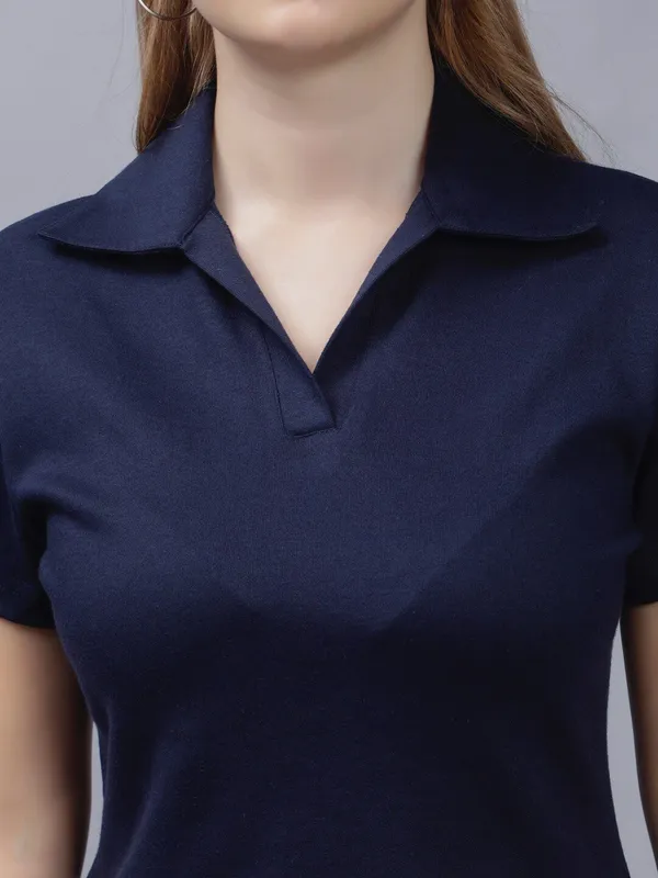 Blue_Cotton_Polo_Collar_Cotton_Slim_Fit_T-Shirt_For_Women