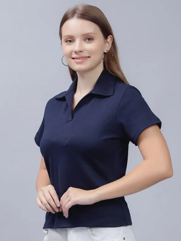 Blue_Cotton_Polo_Collar_Cotton_Slim_Fit_T-Shirt_For_Women