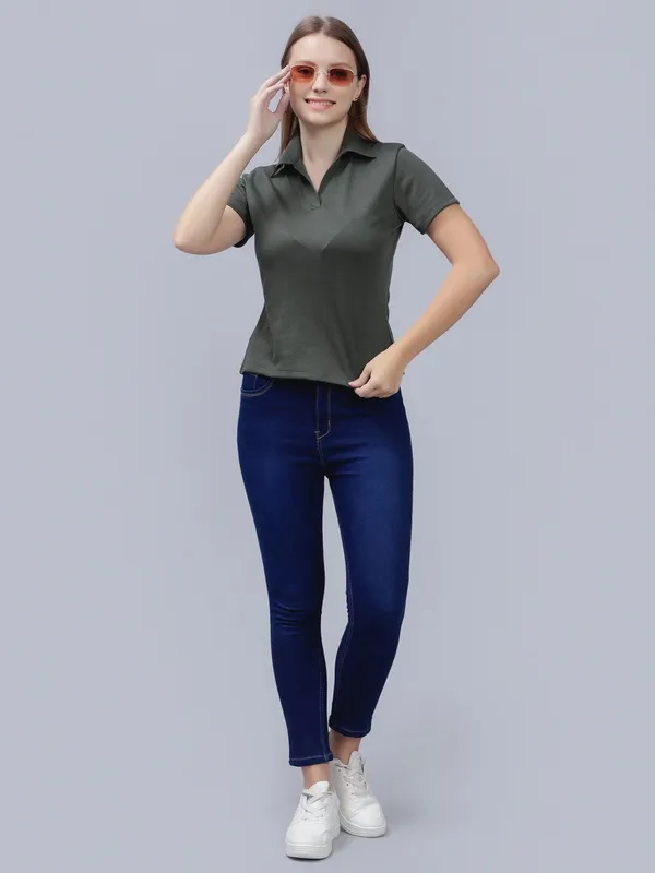 Olive_Cotton_Polo_Collar_Cotton_Slim_Fit_T-Shirt_For_Women