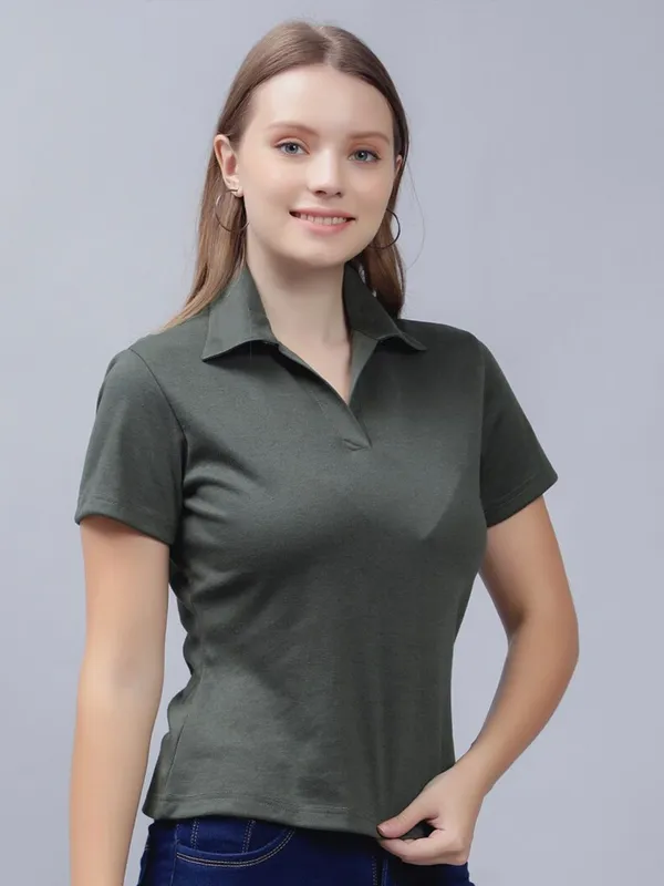 Olive_Cotton_Polo_Collar_Cotton_Slim_Fit_T-Shirt_For_Women