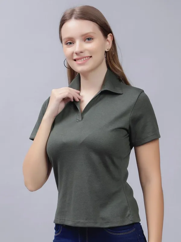 Olive_Cotton_Polo_Collar_Cotton_Slim_Fit_T-Shirt_For_Women