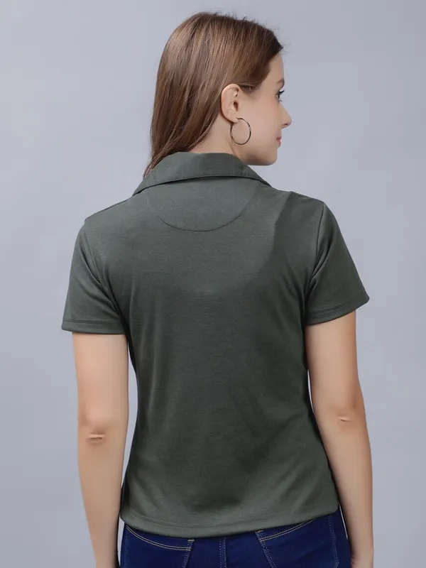 Olive_Cotton_Polo_Collar_Cotton_Slim_Fit_T-Shirt_For_Women