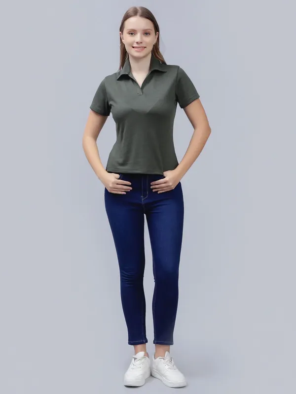 Olive_Cotton_Polo_Collar_Cotton_Slim_Fit_T-Shirt_For_Women