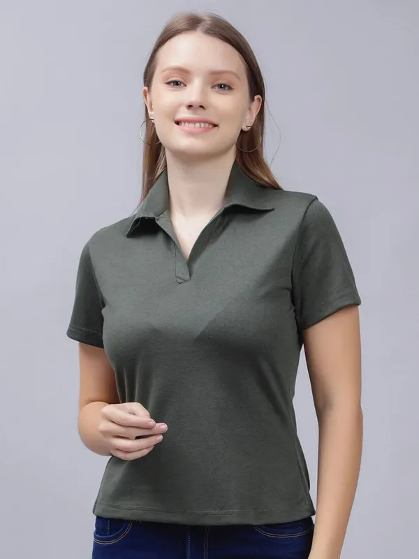 Olive_Cotton_Polo_Collar_Cotton_Slim_Fit_T-Shirt_For_Women