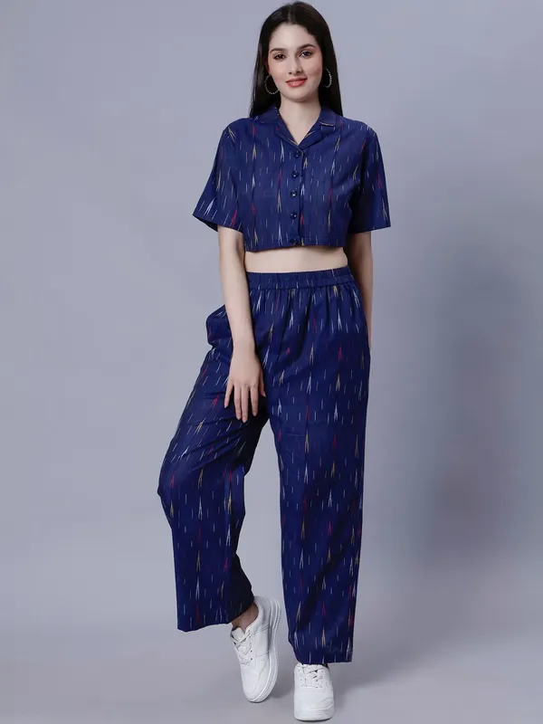 Navy_Blue_Cotton_Printed_Lapel_Collar_Pure_Cotton_Crop_Top_With_Trouser_For_Women