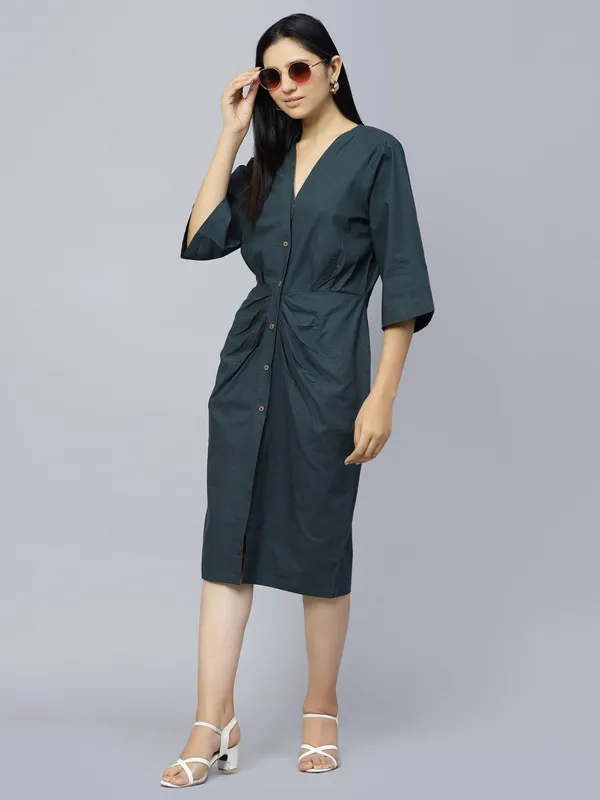 Blue_Cotton_V-Neck_Sheath_Midi_Dress_For_Women