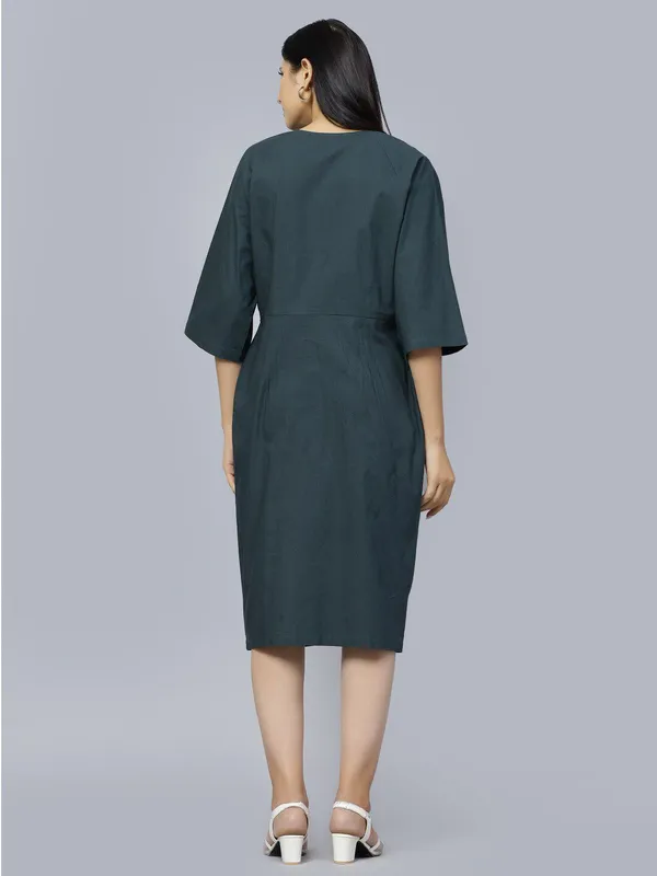 Blue_Cotton_V-Neck_Sheath_Midi_Dress_For_Women