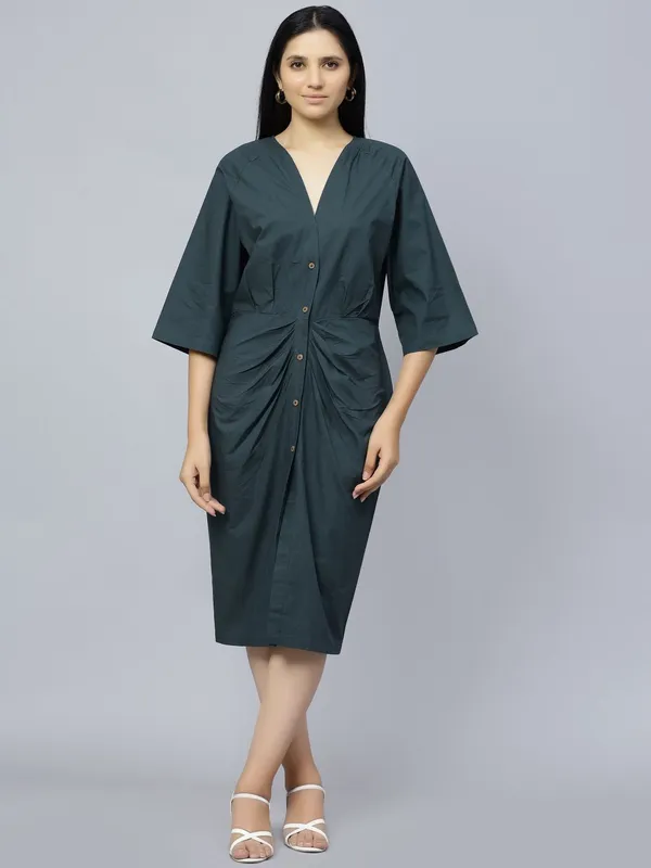 Blue_Cotton_V-Neck_Sheath_Midi_Dress_For_Women
