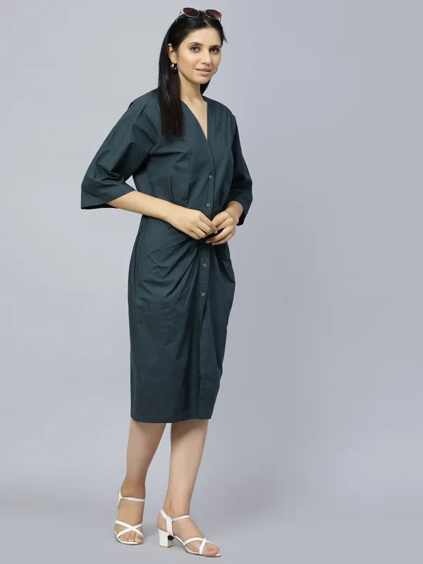 Blue_Cotton_V-Neck_Sheath_Midi_Dress_For_Women
