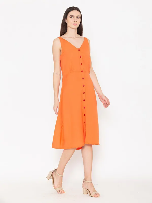 Orange_Cotton_V-Neck_A-Line_Midi_Dress_For_Women