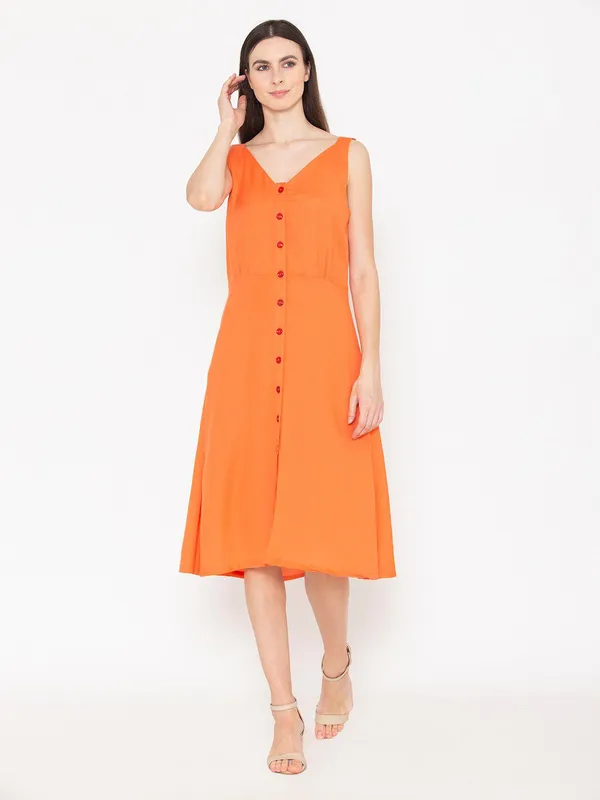 Orange_Cotton_V-Neck_A-Line_Midi_Dress_For_Women