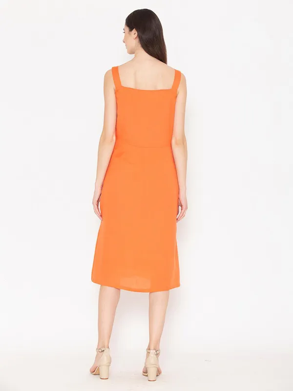 Orange_Cotton_V-Neck_A-Line_Midi_Dress_For_Women