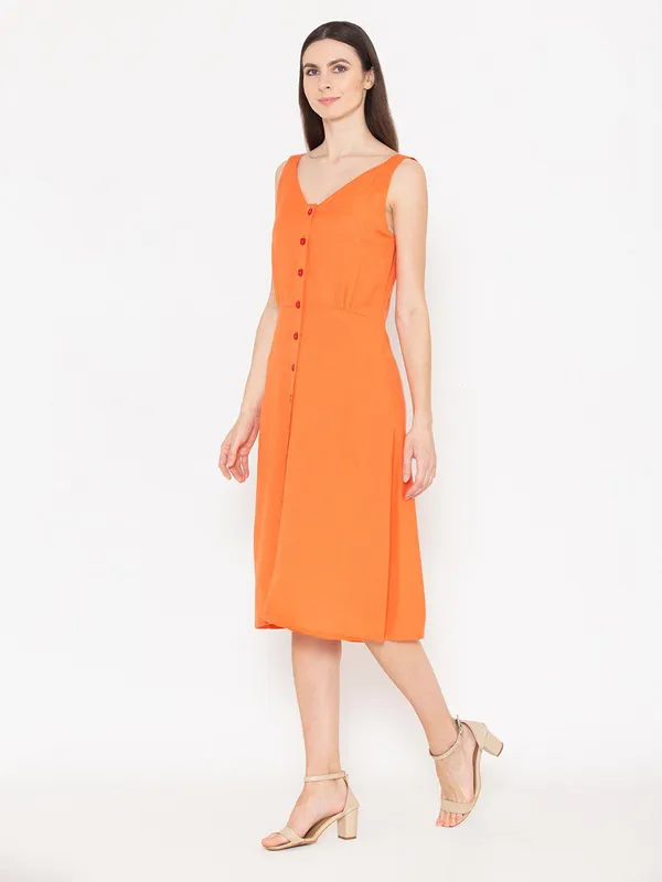 Orange_Cotton_V-Neck_A-Line_Midi_Dress_For_Women