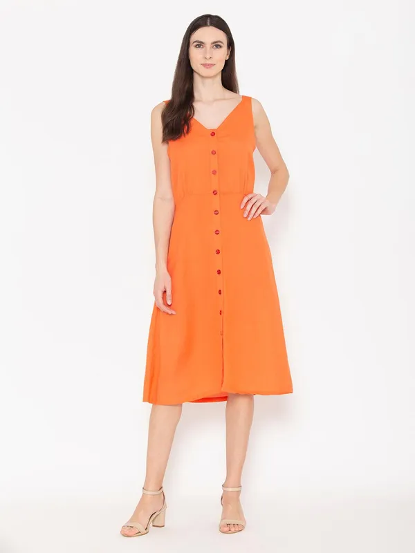 Orange_Cotton_V-Neck_A-Line_Midi_Dress_For_Women