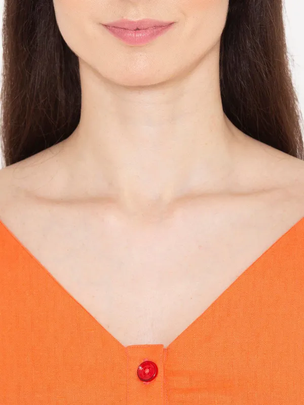 Orange_Cotton_V-Neck_A-Line_Midi_Dress_For_Women