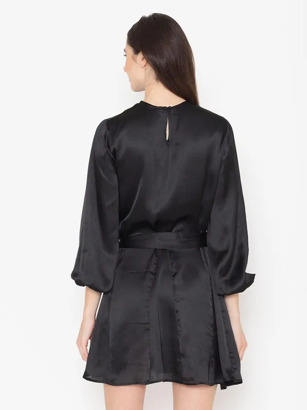 Black_Cotton_Round_Neck_Puff_Sleeve_Cotton_Belted_A-Line_Dress_For_Women