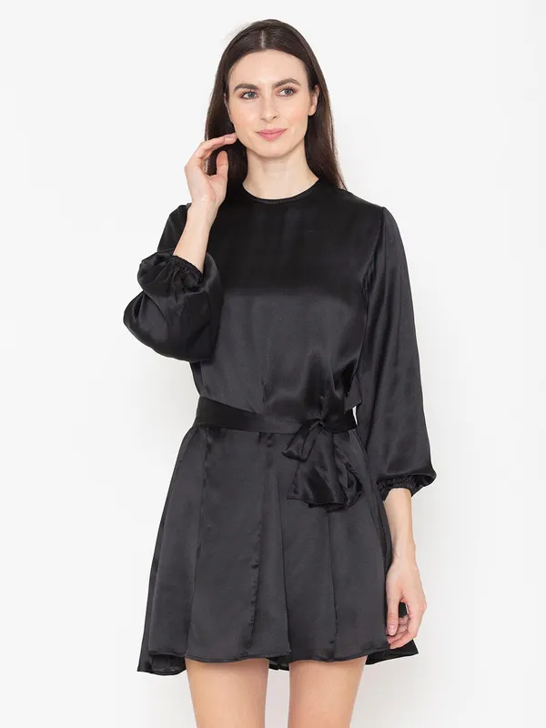Black_Cotton_Round_Neck_Puff_Sleeve_Cotton_Belted_A-Line_Dress_For_Women