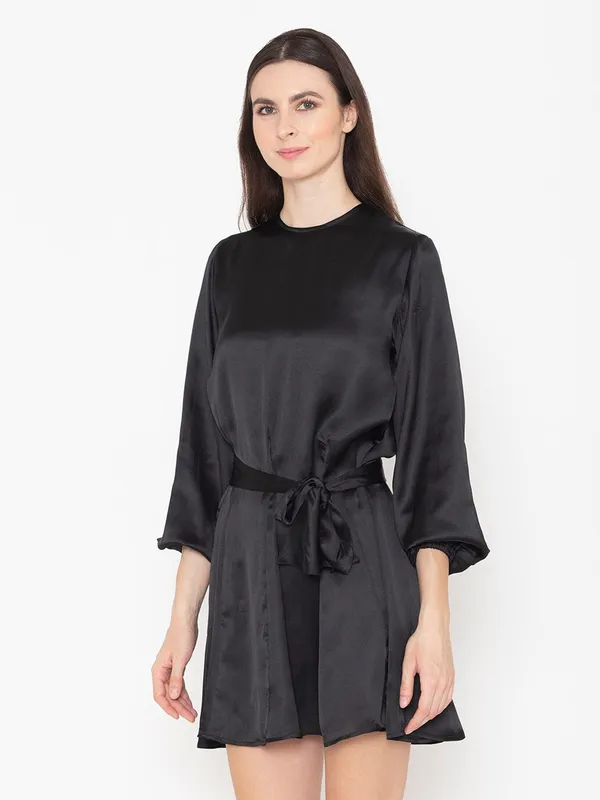 Black_Cotton_Round_Neck_Puff_Sleeve_Cotton_Belted_A-Line_Dress_For_Women