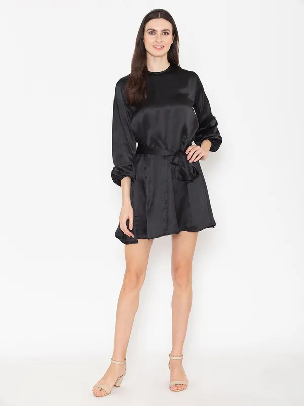 Black_Cotton_Round_Neck_Puff_Sleeve_Cotton_Belted_A-Line_Dress_For_Women