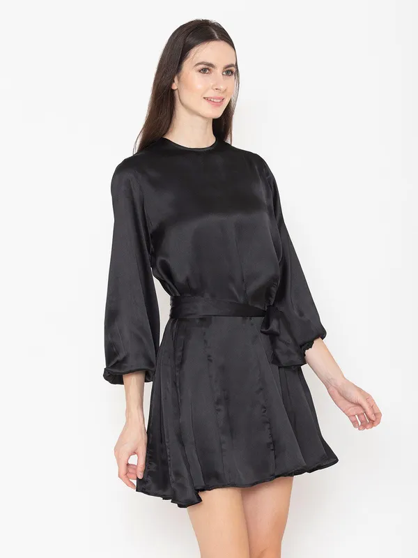 Black_Cotton_Round_Neck_Puff_Sleeve_Cotton_Belted_A-Line_Dress_For_Women