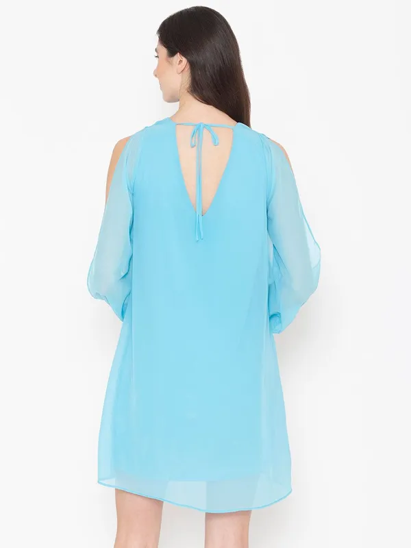 Turquoise_Blue_Cotton_Cold-Shoulder_Sleeves_A-Line_Dress_For_Women